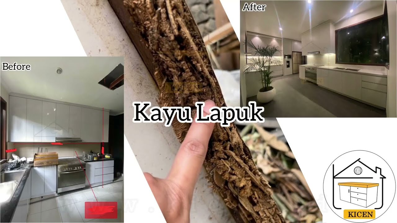 Rekaman kitchen set kayu biasa yang lapuk dan keropos